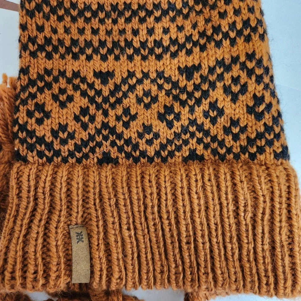 Krochet Kids Brown Black Fair Isle Crochet Knit Beanie Hat with Pom Pom & Tassel